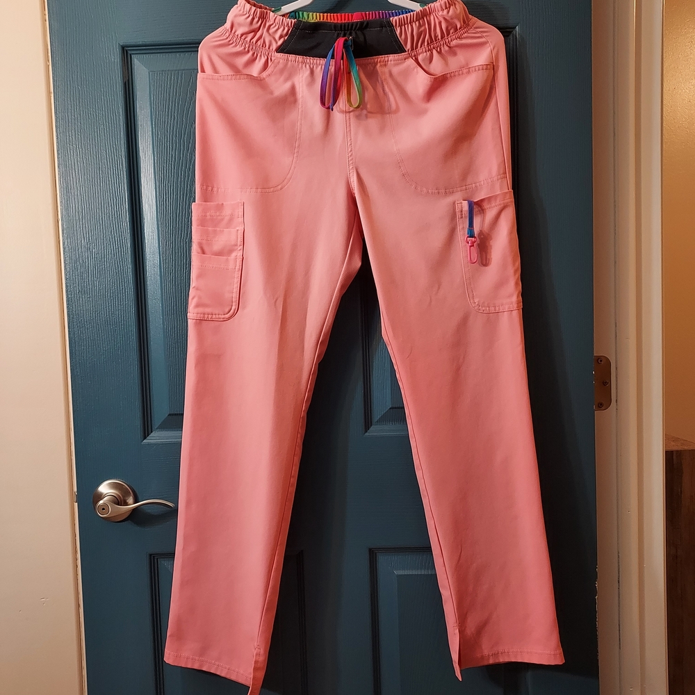 Pink Scrub Pants with Multicolor Rainbow Drawstring Size Small - Picture 2 of 11